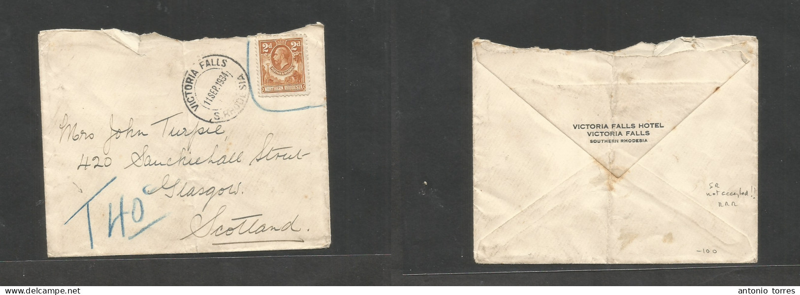 Bc - Rhodesia. 1934 (11 Sept) NR, Victoria Falls - Scotland, Glasgow. STAMP SR INVALIDATED. Rare Example Of NR Used In S - Sonstige & Ohne Zuordnung