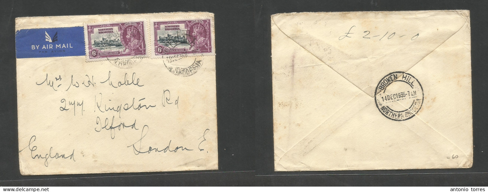 Bc - Rhodesia. 1935 (13 Dec) NR Ifulna - London, England Via Broken Hill (14 Dec) Reverse Cds. Air Silver Jubilee Multif - Other & Unclassified