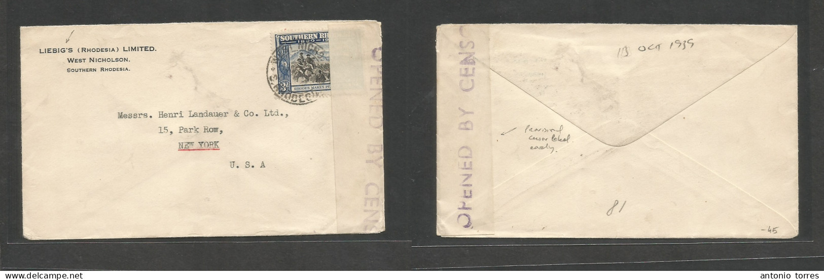 Bc - Rhodesia. 1939 (Oct 15) SR. West Nicholson - USA, NYC. Comercial Liebig`s Single 3d Fkd Env, Provisional Early Cens - Other & Unclassified