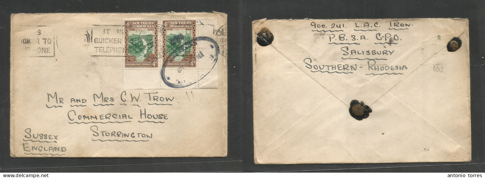 Bc - Rhodesia. C. 1940. SR, Salisbury - England, Sussex, Storrington. Rhodesian Air Force Oval Crown Cachet Multifkd Env - Sonstige & Ohne Zuordnung