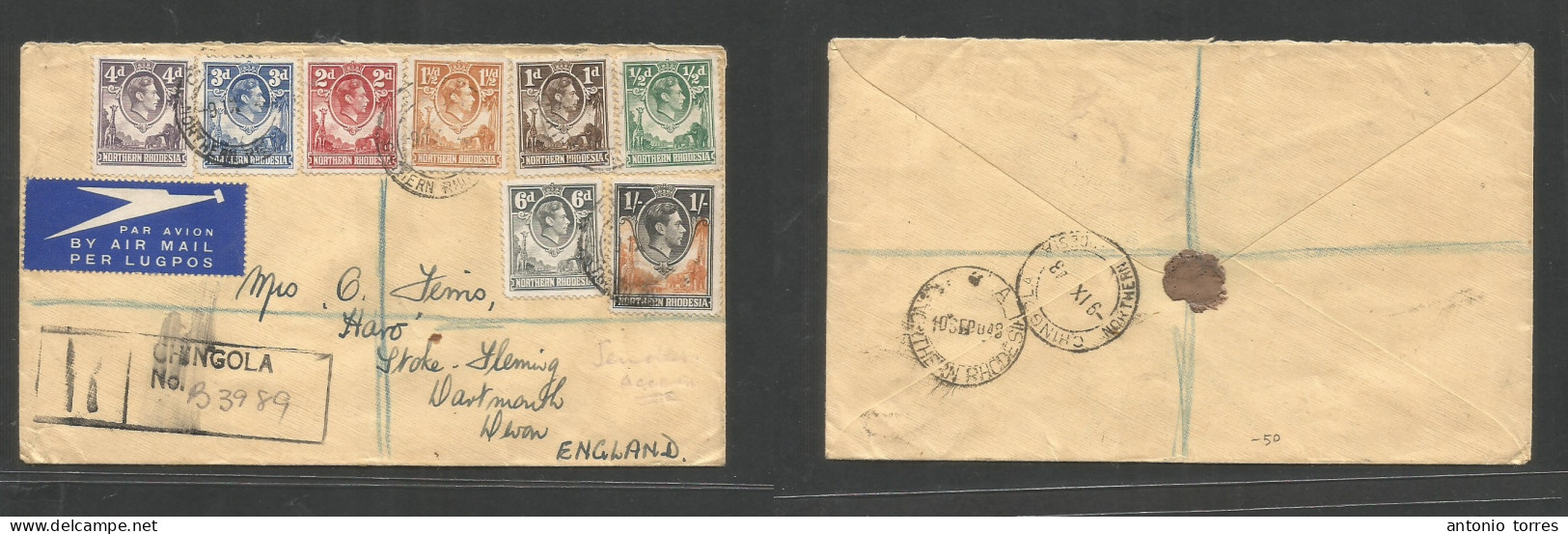 Bc - Rhodesia. 1948 (9 Sept) NR. Chingola - England, Partmouth, Devon. Registered Air Multifkd Env, 8 Diff Values, Tied - Autres & Non Classés