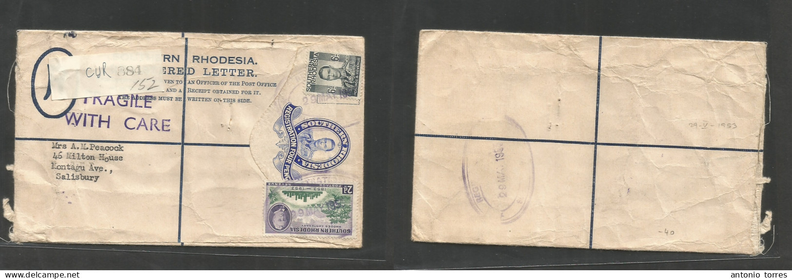 Bc - Rhodesia. 1953 (29 May) Salisbury Local Registered 4d Blue Stat Env + 2 Adtls At 10d Rate, Tied Oval Ds, Mns R-labe - Other & Unclassified