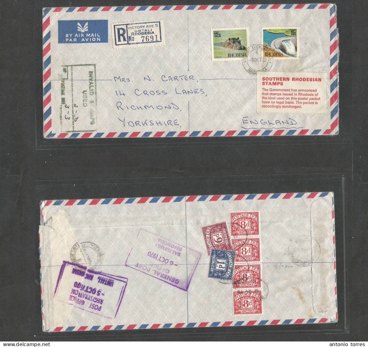 Bc - Rhodesia. 1970 (5 Oct) Umtali - England, Yorkshire (9 Oct) Registered Air Multifkd Env + Uncirculated + Reverse Tax - Sonstige & Ohne Zuordnung