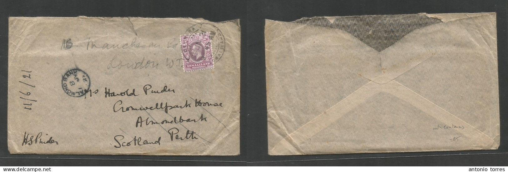 Bc - Somaliland. 1921 (June 21) Berbera - Scotland, Perts, Almond Bank (1 July) 2a Lilac Fkd Envelope With Contains, Tie - Other & Unclassified