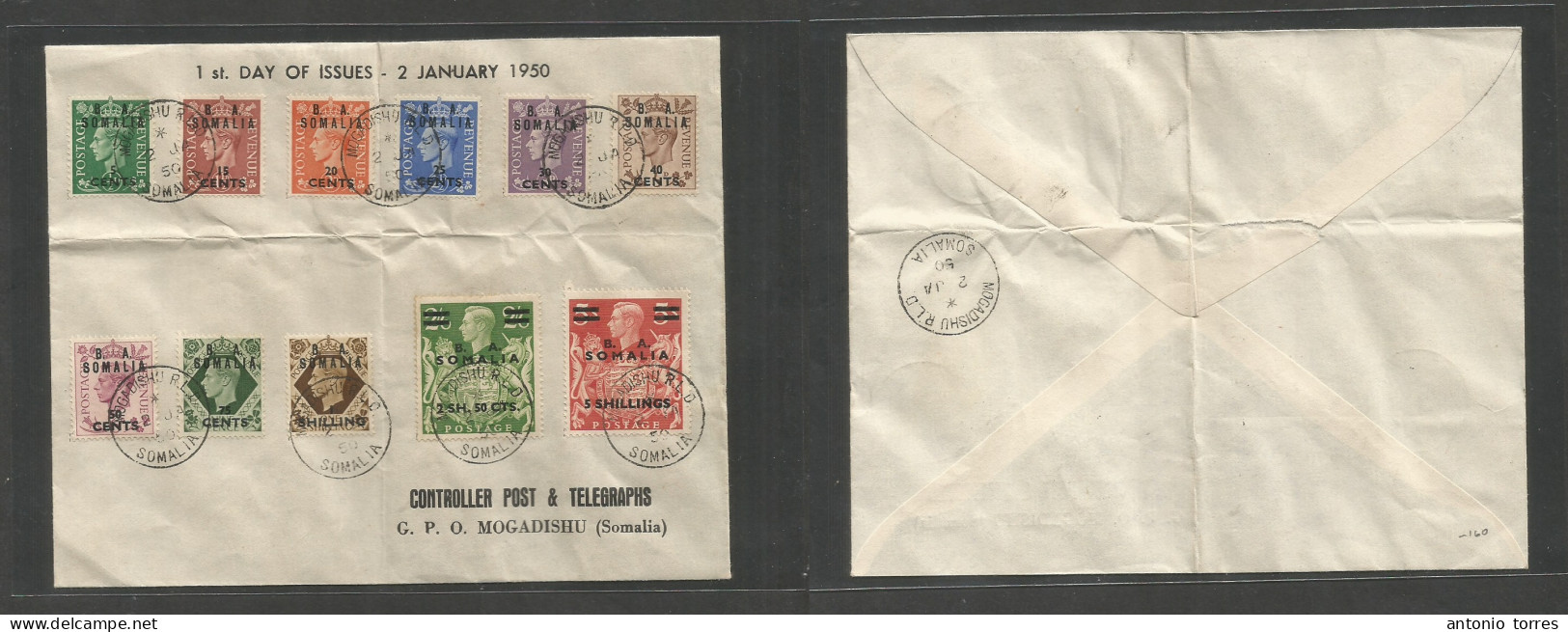 Bc - Somaliland. 1950 (2 Jan) Somalia. Mogadishu. Multifkd Local Envelope Ovptd Issue Incl 5sh Red, Tied Cds 12 Diff Val - Other & Unclassified