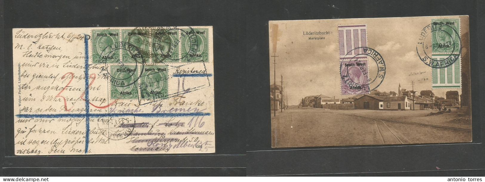 Bc - Swa. 1924 (6 Febr) SWA, Luderitz - Germany, Bremen (5 March) Registered Multifkd Front And Reverse Ppc At 5 1/2d Ra - Other & Unclassified