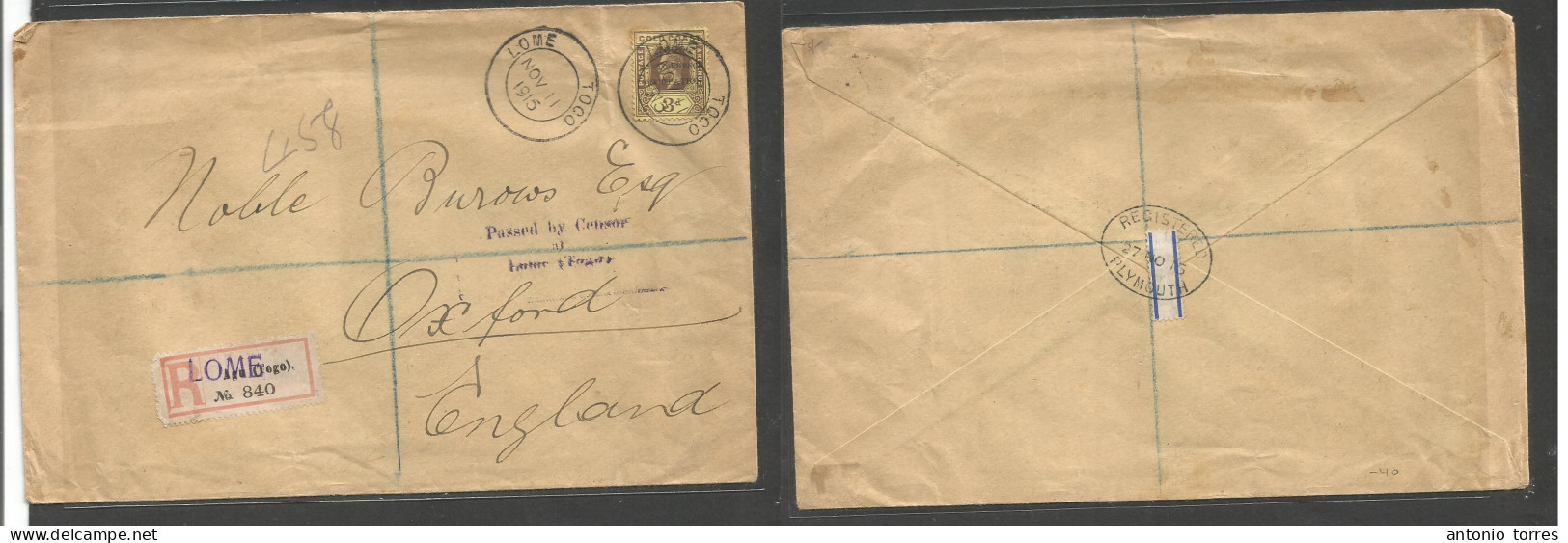 Bc - Togo. 1915 (Nov 11) Anglo French Occup, Lome - England, Oxford (27 Nov) Single Registered 3d Fkd Env, Depart Censor - Autres & Non Classés