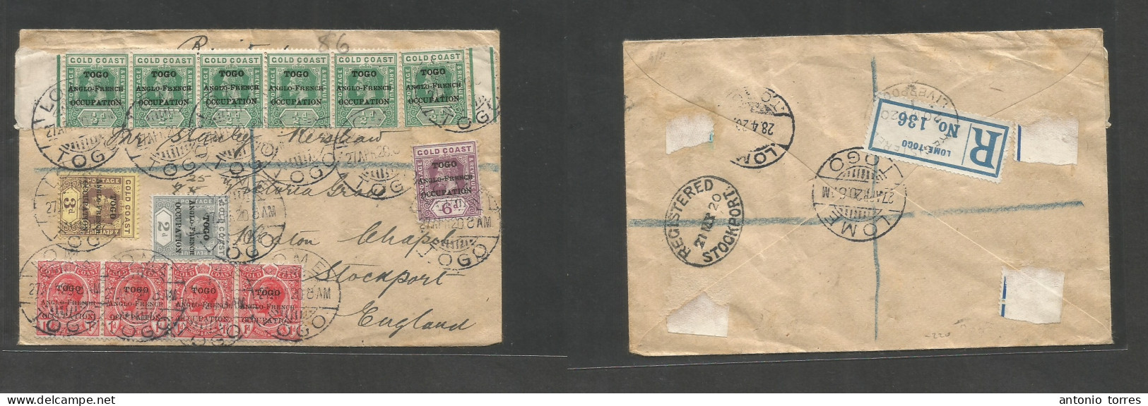 Bc - Togo. 1920 (27 Apr) Anglo French Occup. Lome - England, Stockport (21 May) Registered Massive Multifkd Env, Reverse - Sonstige & Ohne Zuordnung