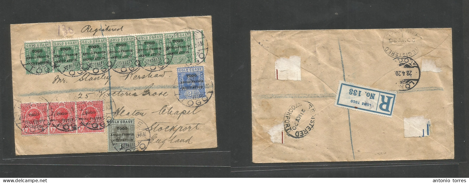 Bc - Togo. 1920 (27 Apr) Anglo French Occup. Lome - Stockport, England (21 May) Registered Massive Multifkd Env, Reverse - Other & Unclassified