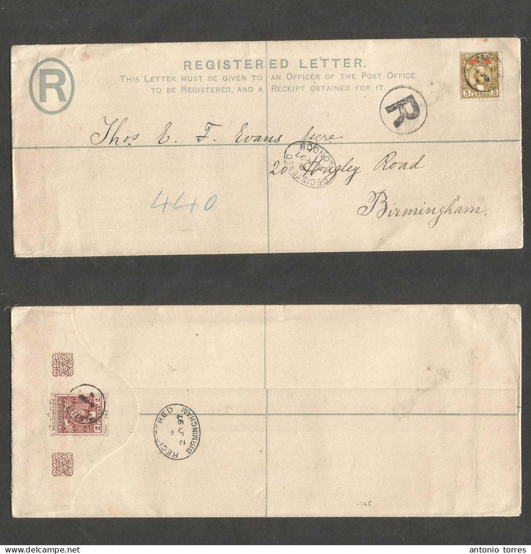 Bc - Zanzibar. 1897 (14 June) GPO - Birmingham, UK (2 July) Via London 2a Red Stationary Large Envelope + 5a Adtl, Tied - Autres & Non Classés