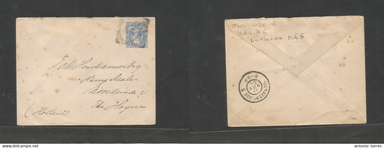 Bc - Zanzibar. 1900 (22 Aug) GPO - Netherlands, The Hague (11 Nov) 2 1/2a Blue Stationery Envelope, Large Size Type. - Sonstige & Ohne Zuordnung