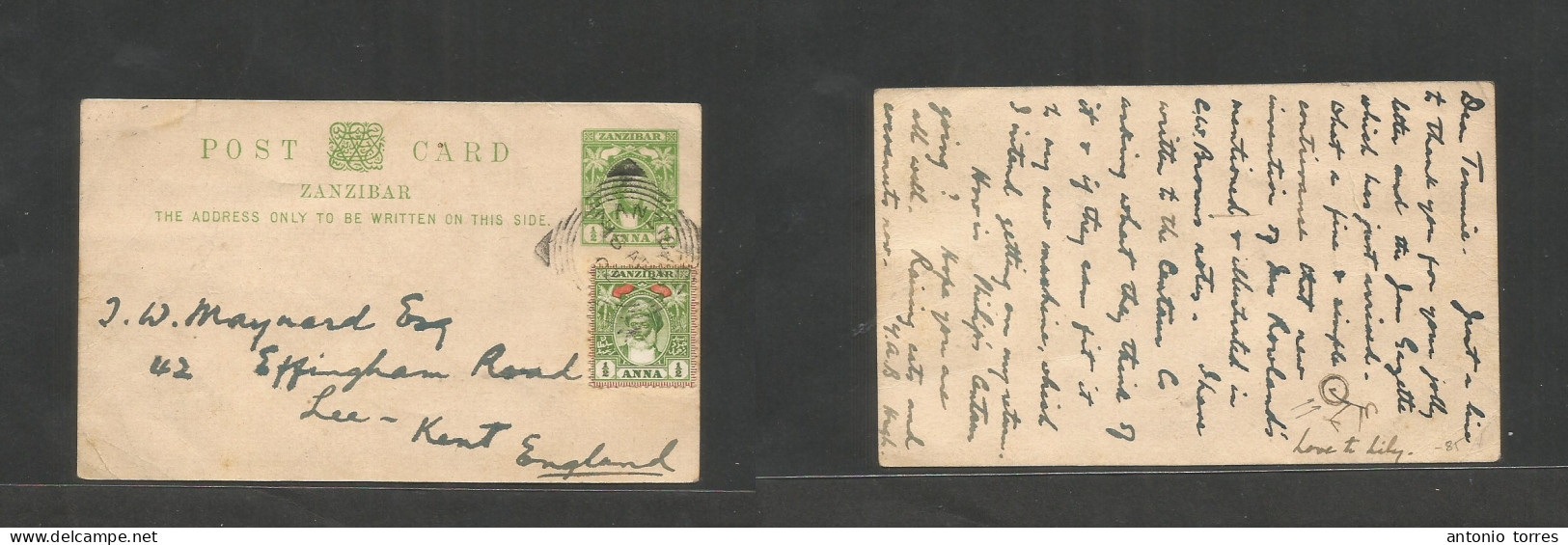 Bc - Zanzibar. 1902 (18 Apr) GPO - England, Kent, Lea 1/2a Green Stat Card + 1/2a Adtl, Tied Cds. Fine Usage. Text Drawi - Sonstige & Ohne Zuordnung