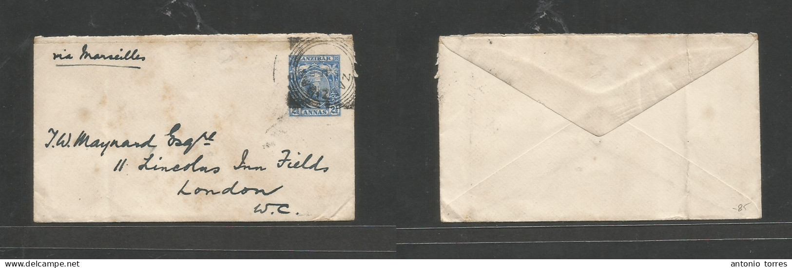 Bc - Zanzibar. 1902 (Ju 5) GPO - London, England. Via Marseilles. 2 1/2a Blue Stationary Envelope, Cancelled Cds. Fine S - Other & Unclassified