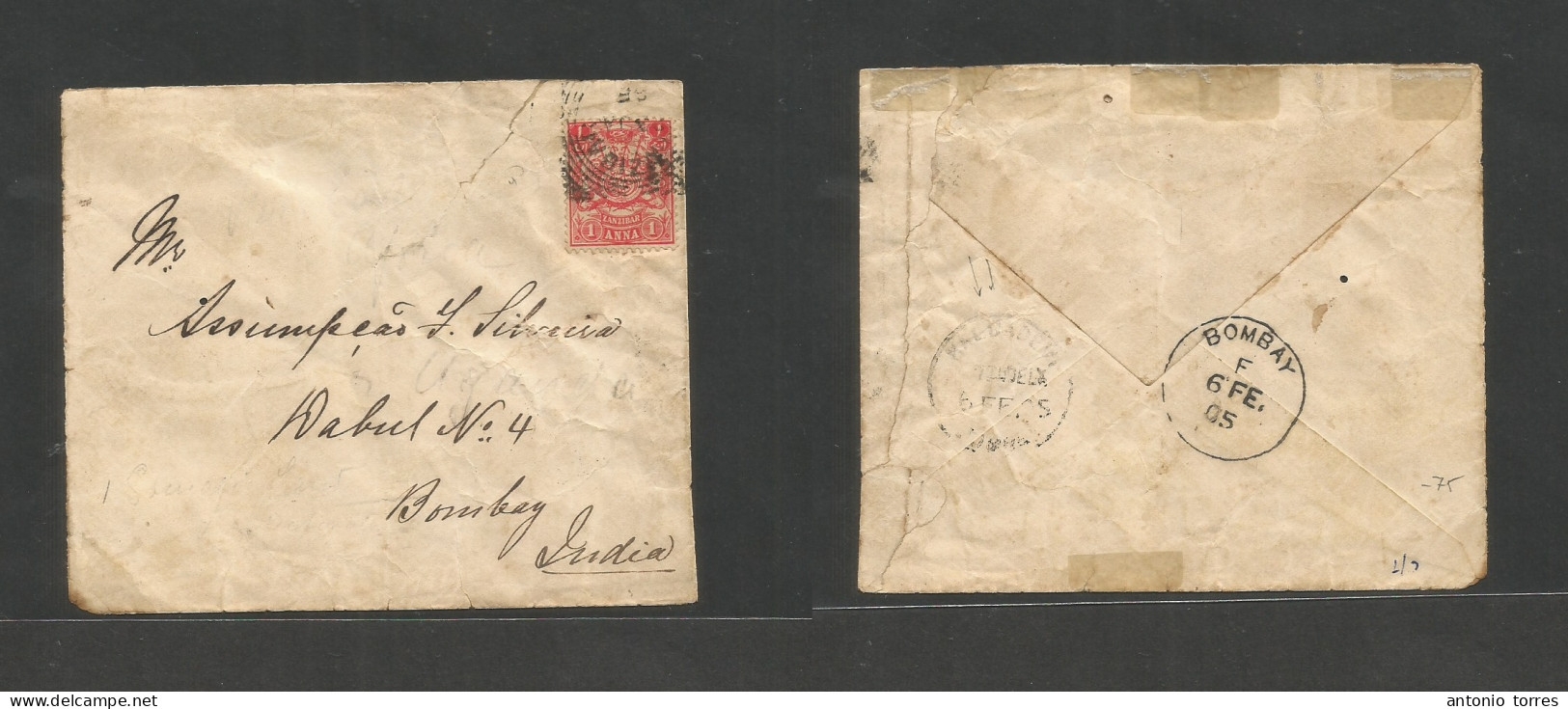 Bc - Zanzibar. 1905 (23 Jan) GPO - India, Bombay (6 Febr) Fkd Env 1a Red, Tied Cds, Reverse Transited. - Other & Unclassified
