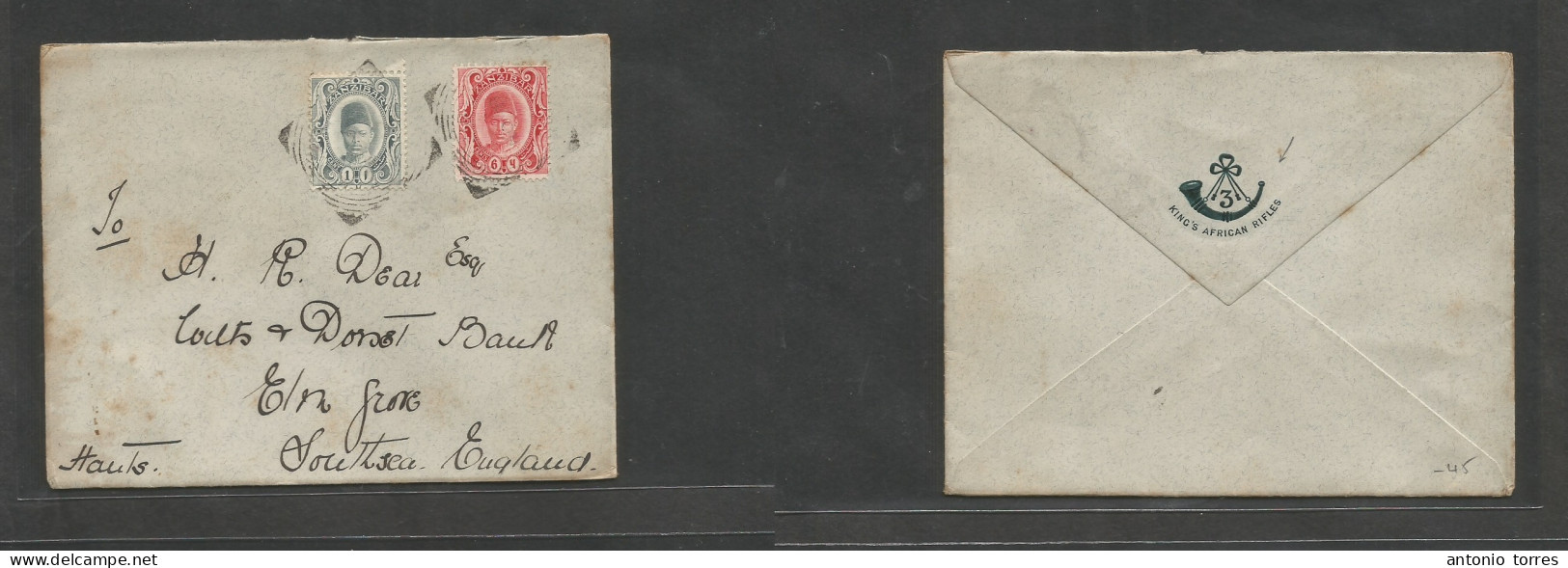 Bc - Zanzibar. C. 1911. GPO - England, Elm Grove, Southsea. Multifkd Env At 7c Rate, Tied Cds. Fine Reverse "Kings Afric - Other & Unclassified