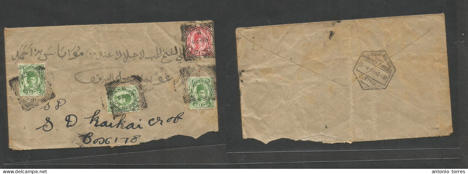 Bc - Zanzibar. 1911 (25 March) GPO - Portuguese Mozambique, L. Marques (3 April) Bilingual Arab Multifkd Env, At 14r Rat - Autres & Non Classés
