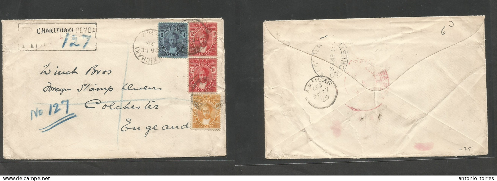 Bc - Zanzibar. 1925 (25 Febr) Chaki Pemba - England, Colchester (30 March) Multifkd Registered Envelope, Tied Cds + R-mn - Autres & Non Classés