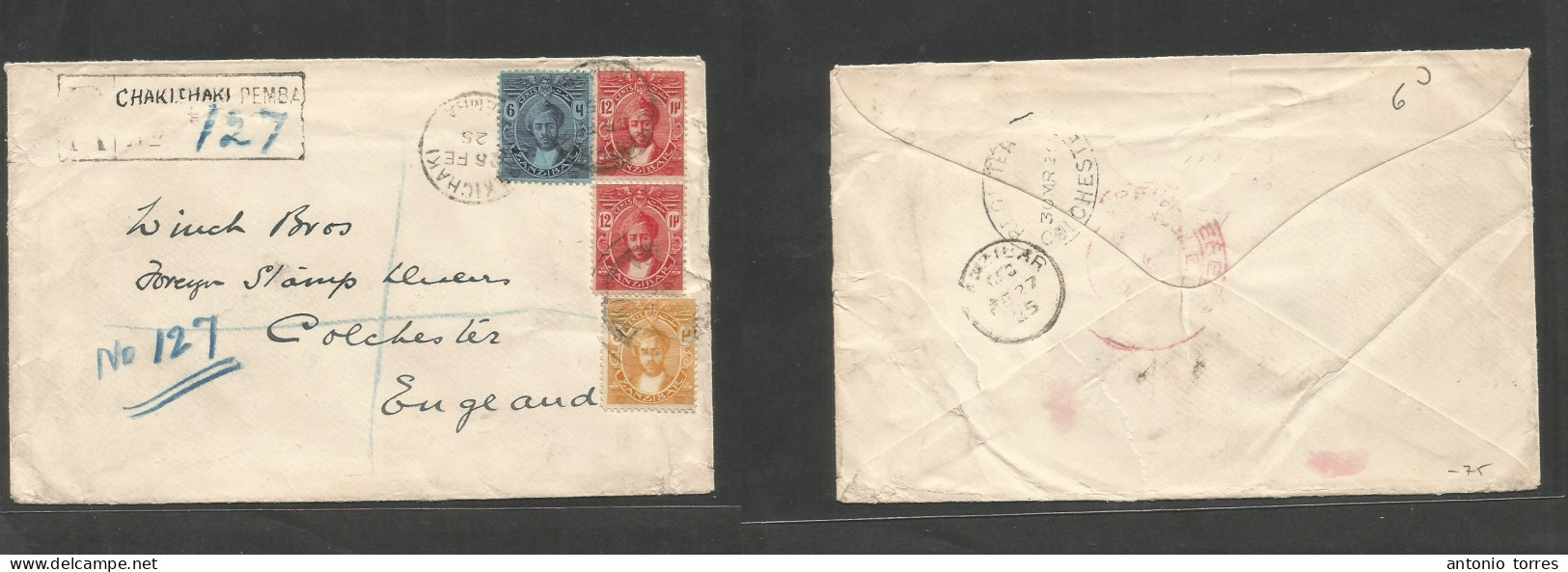 Bc - Zanzibar. 1925 (25 Febr) Chaki Pemba - England, Colchester (30 March) Multifkd Registered Envelope, Tied Cds + R-mn - Andere & Zonder Classificatie