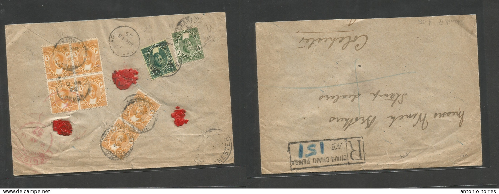 Bc - Zanzibar. 1925 (9 March) Chakichaki - UK, Colchester (11 Apr) Via London. Reverse Multifkd Registered Envelope + 3 - Autres & Non Classés