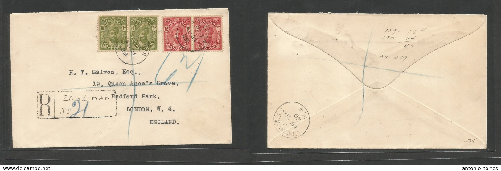 Bc - Zanzibar. 1929 (21 Aug) GPO - England, London (16 Sept) Registered Multifkd Envelope, Tied Cds + R-cachet, Arrival - Sonstige & Ohne Zuordnung