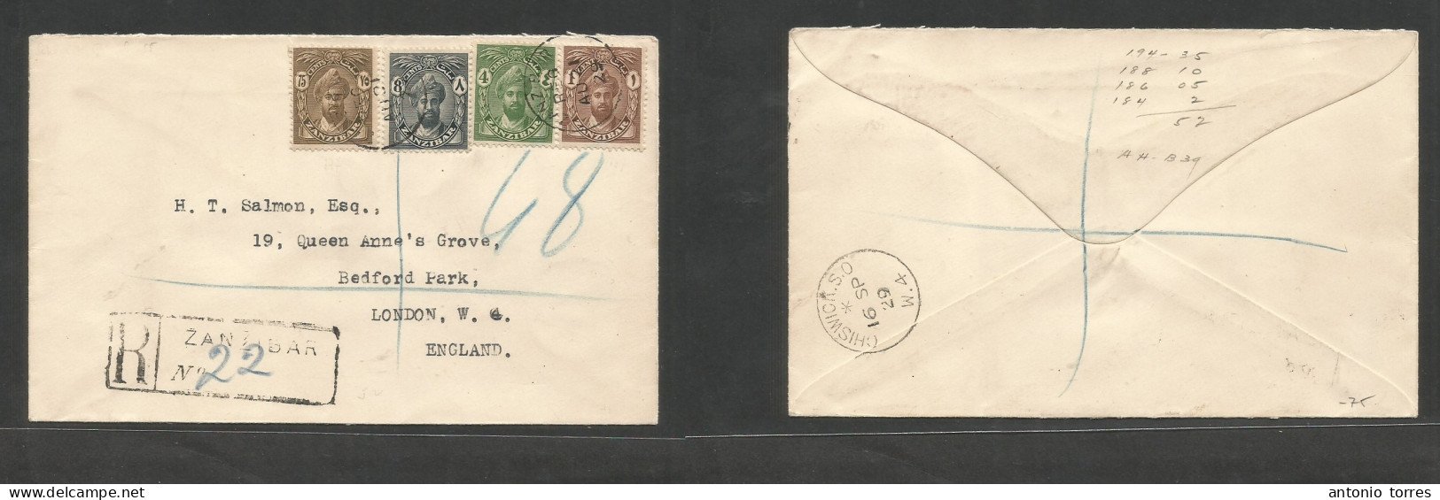 Bc - Zanzibar. 1929 (21 Aug) GPO - England, London (16 Sept) Registered Multifkd Envelope, Tied Cds + R-cachet. Arrival - Other & Unclassified