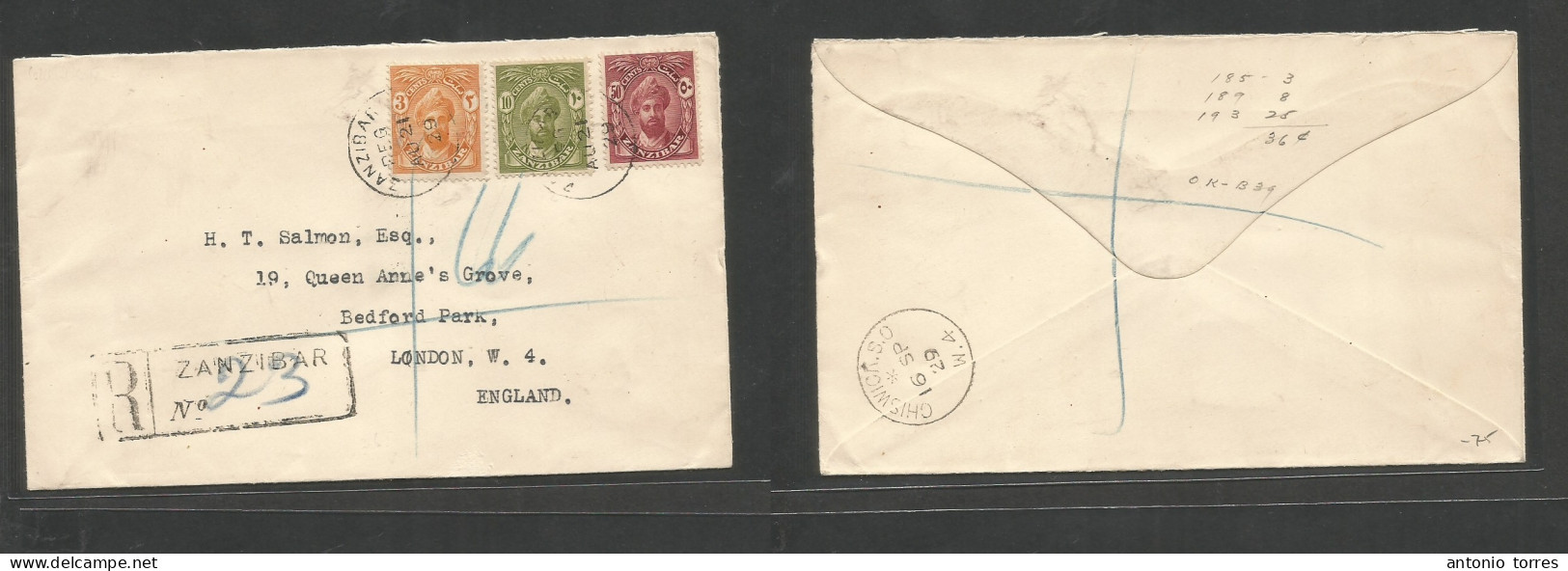 Bc - Zanzibar. 1929 (Aug 21) GPO - England, London (16 Sept) Registered Multifkd Envelope, Tied Cds + R-cachet Arrival R - Autres & Non Classés