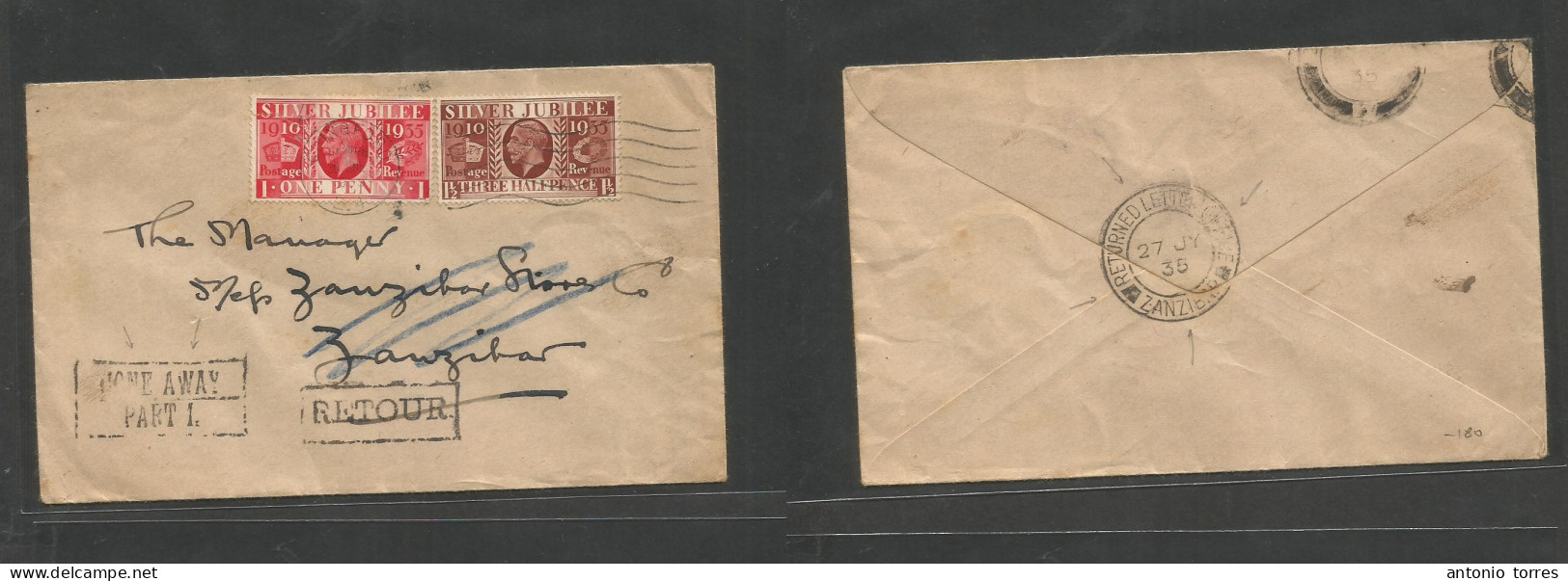 Bc - Zanzibar. 1935 (30 June) GB, Chingford - Zanzibar. Silver Arriv Multifkd Envelope + Retour With 3 Auxiliary Pmks Za - Other & Unclassified