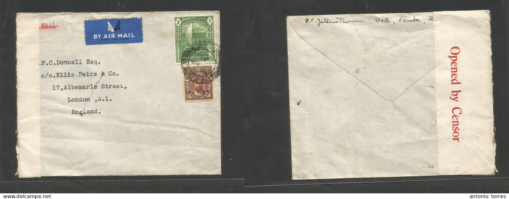 Bc - Zanzibar. 1941 (7 Apr) Wete, Pemba - England, London. Air Multifkd WWII Censor Envelope. Fine Comercial Usage. - Autres & Non Classés
