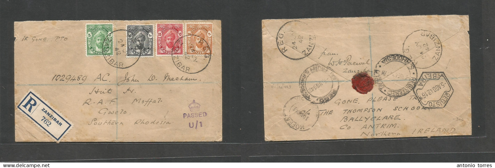 Bc - Zanzibar. 1942 (24 July) WWII. GPO - Rhodesia, SR, Gwelo. RAF Moffa 7 (10 Aug) Registered Mutlifkd Envelope, Revers - Sonstige & Ohne Zuordnung