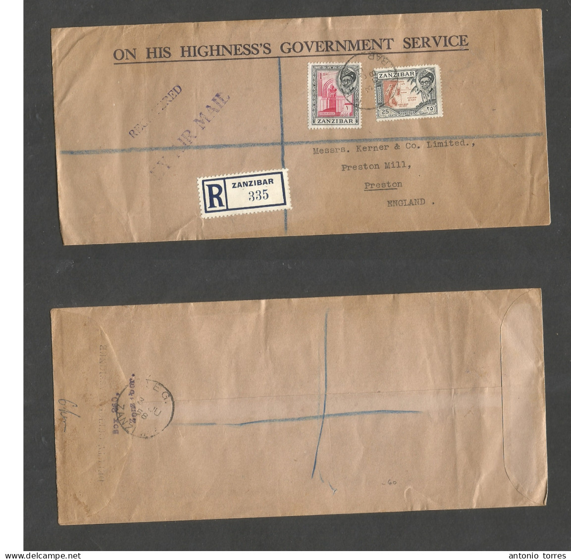 Bc - Zanzibar. 1958 (3 June) GPO - England, Preston. Registered Air Multifkd Envelope A 1,25 Sh Rate, Cds + R-label. Fin - Sonstige & Ohne Zuordnung