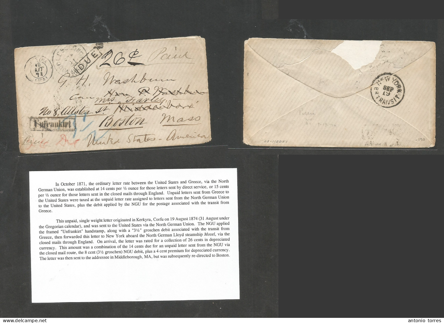Greece. 1871 (19 Aug) Kerkyra - USA, Middleleboro, Mass Fwded To Boston. Unfranked Envelope, Depart Cds Via North German - Other & Unclassified