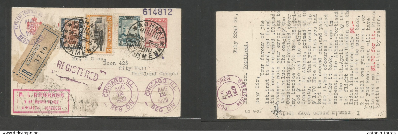 Greece. 1929 (22 July) Athens - USA, Portland, OR (15 Aug) Via Chicago. Registered 10r Red Stat Card + 3 Adtls, Tied Cds - Otros & Sin Clasificación