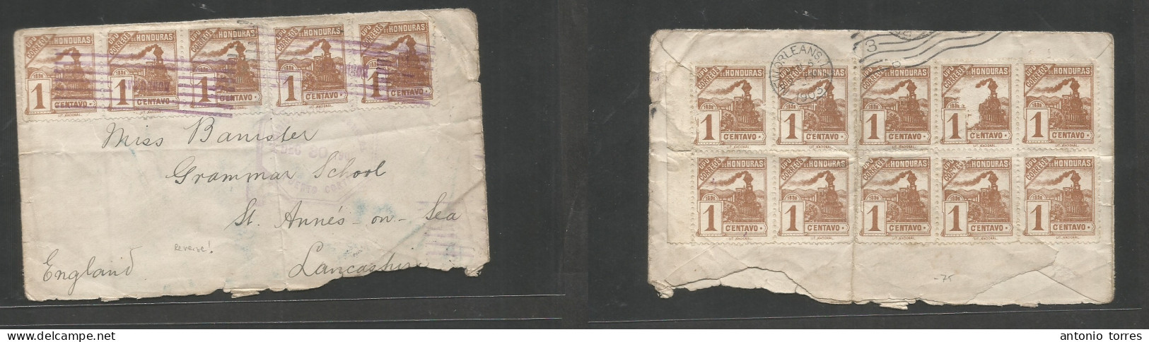 Honduras. 1903 (2 Dec) Puerto Cortes - England, Lancs, St. Annes On Sea. Train Issue Front And Reverse Massive Fkd Envel - Honduras