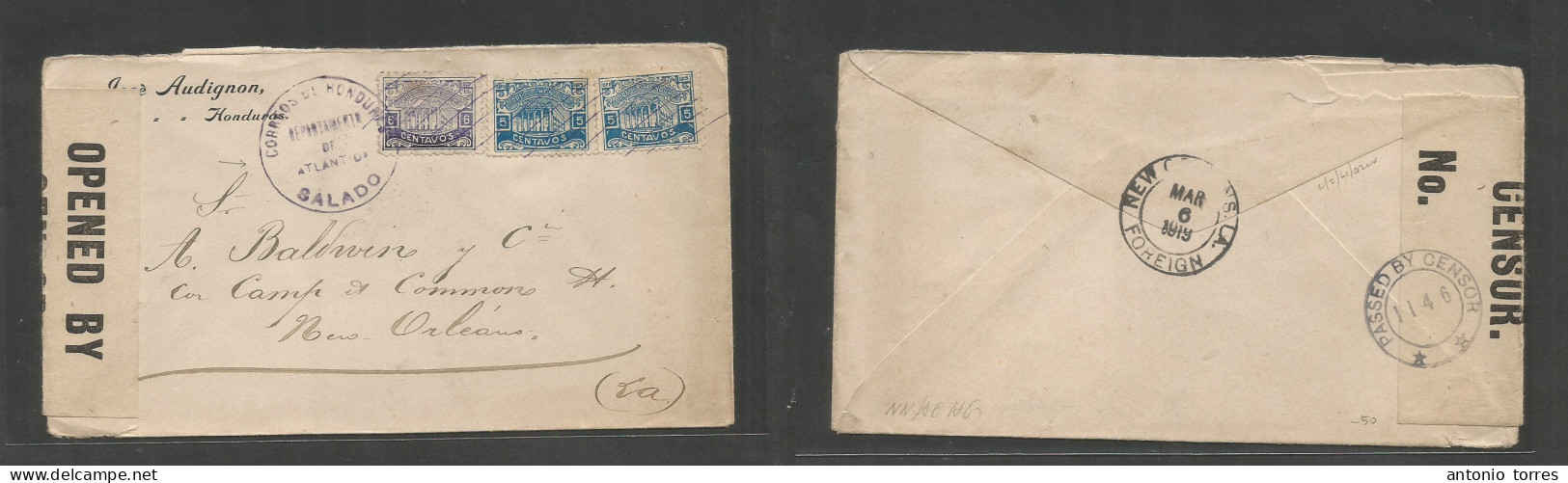 Honduras. 1919 (Febr) Salado, Dept Atlantico - USA, New Orleans (6 March) Comercial Multifkd Env At 16c Rate, WWI Censor - Honduras