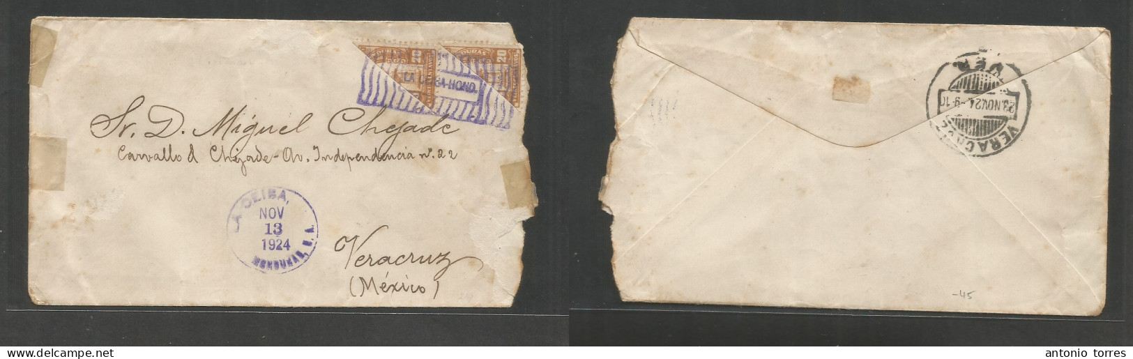 Honduras. 1924 (13 Nov) La Ceiba - Mexico, Veracruz (23 Nov) Multifkd Env By Two Bisected 20c Bister Tied Town Violet Wa - Honduras