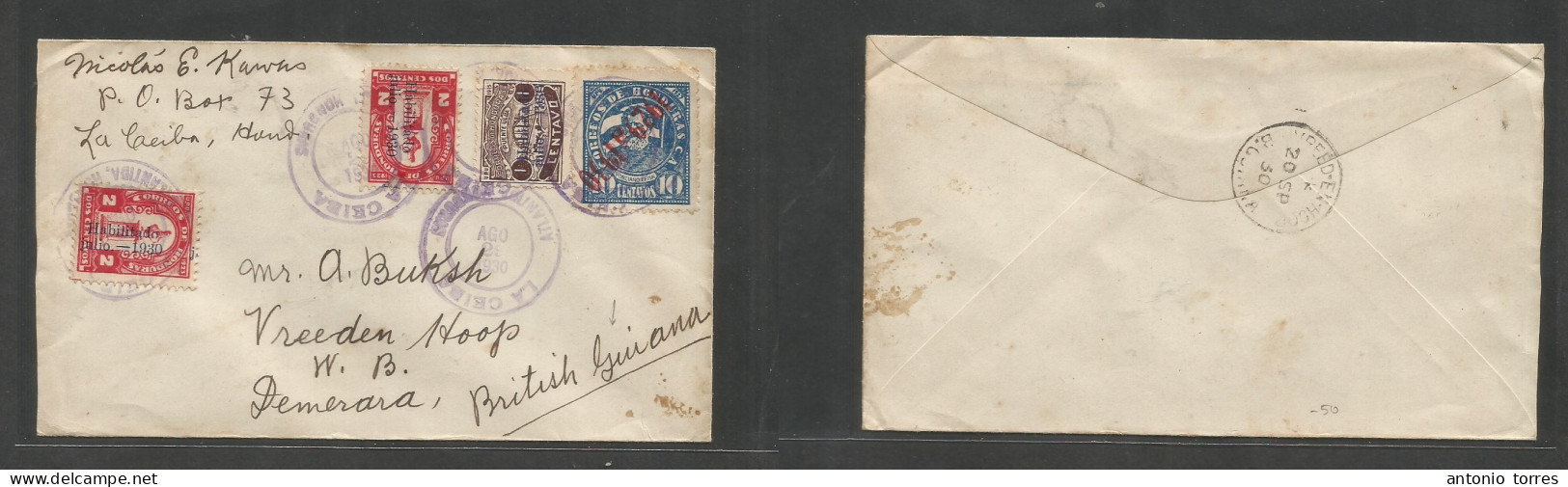 Honduras. 1930 (29 Aug) La Ceiba - British Guiana, Demerara (20 Sept) Multifkd Ovptd Habilitado Issues Envelope, Tied Cd - Honduras