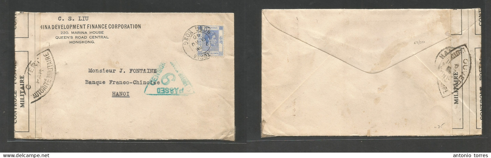 Hong Kong. 1940 (9 Aug) Victoria - Indochina, Hanoi. Comercial Dual Single 25c Blue Fkd Env. Scarce Postal Period Circul - Other & Unclassified