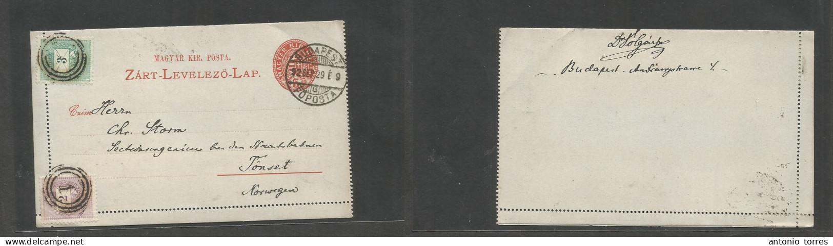 Hungary. 1892 (29 Sept) Budapest - Norway, Tonset. 5 Fill Red Stationary Lettersheet + 2 Adtls, Tied Cds + "1" Rings, On - Sonstige & Ohne Zuordnung