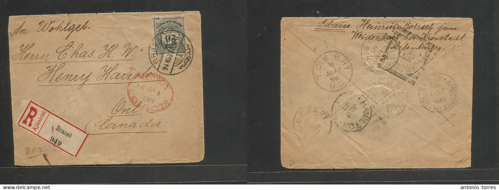 Hungary. 1894 (19 May) Brasso - Canada, ONT, Hamilton (11 June) Via London. Registered Single 20p Fkd Env Cds + R-label - Autres & Non Classés