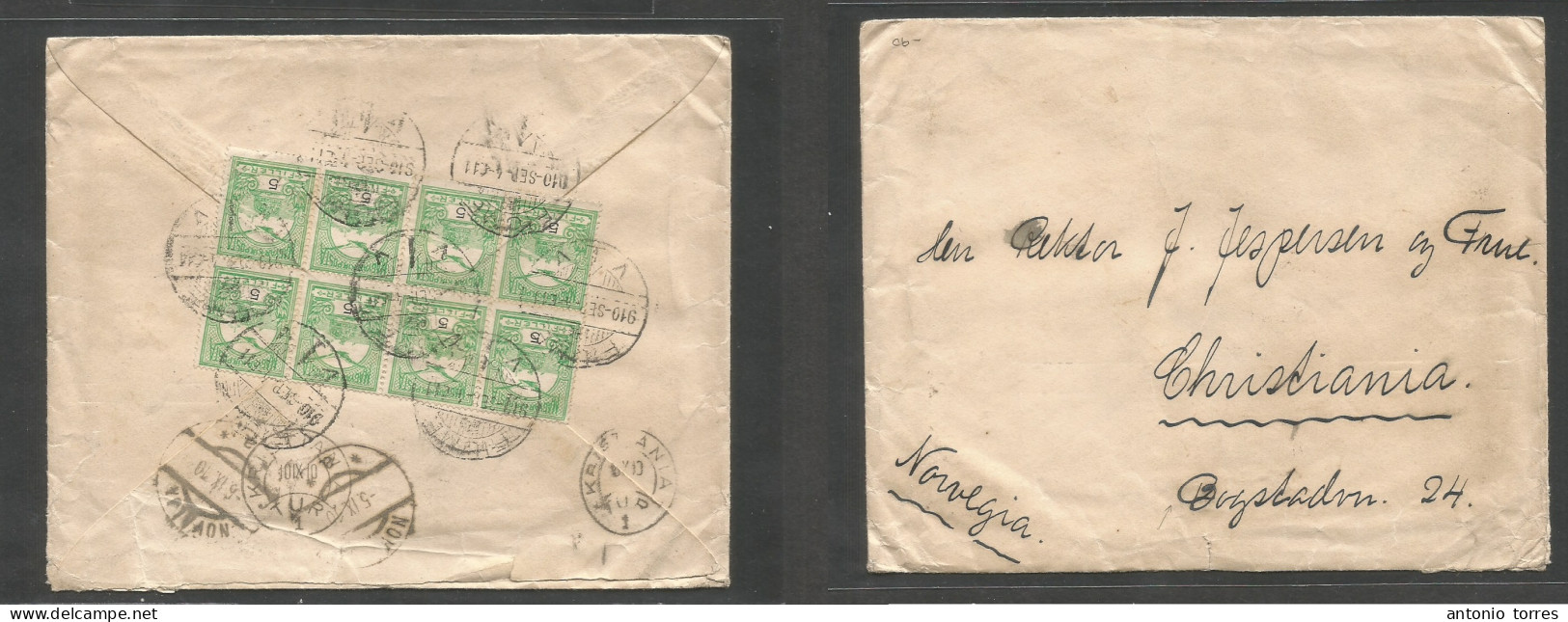 Hungary. 1910 (4 Sept) Fiume - Norway, Christiania (10 Sept) Reverse Multifkd Envelope Via Novalja, Austria, Croatia, Ti - Altri & Non Classificati