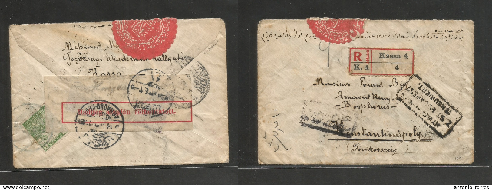 Hungary. 1916. Kassa - Turkey, Bosphorus, Constantinople. Registered Reverse Single Fkd Envelope. Hungarian + Turkish Ce - Autres & Non Classés