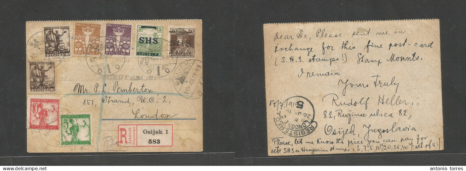 Hungary. 1919 (18 July) SHS Issue. Osijek - London, UK (26 July) Registered Multifkd Mixed Issues Private Doble Card, Ti - Altri & Non Classificati