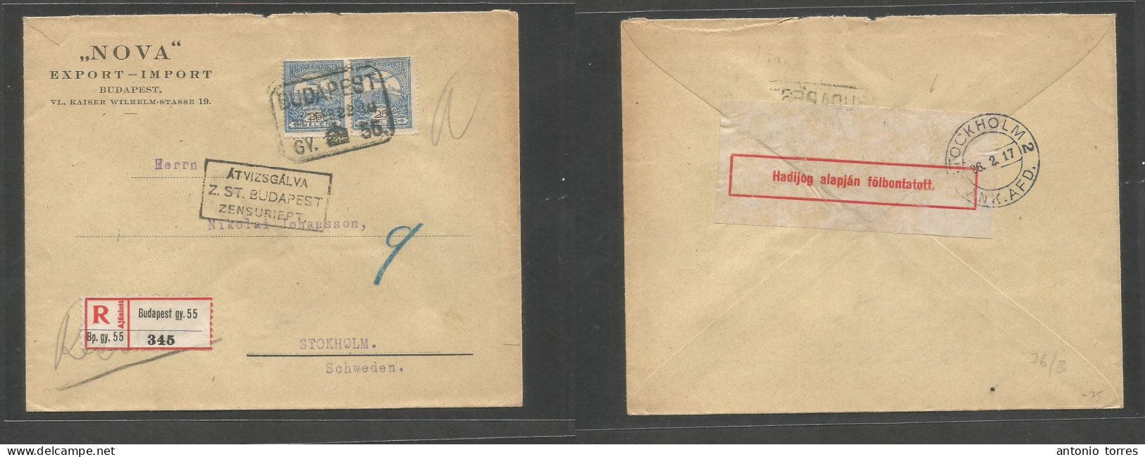 Hungary. 1922 (17 Febr) Budapest - Sweden, Stockholm (26 Febr) Registered Multifkd Comercial Envelope Tied Town Ds + Aux - Other & Unclassified