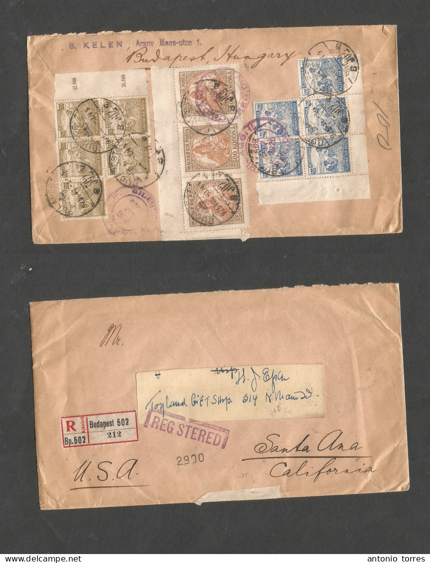 Hungary. 1925 (3 Aug) Budapest - USA, CA. Santa Ana (20 Aug) Via Chicago. Registered Reverse Multifkd Envelope, Tied Cds - Other & Unclassified