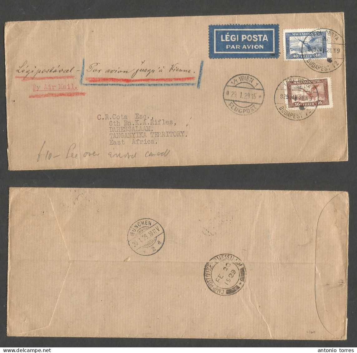 Hungary. 1929 (28 Jan) Budapest - Tanganika, British East Africa, Dar Es Salaam (20 Feb 29) Via Airmail To Wien (29 Jan) - Other & Unclassified