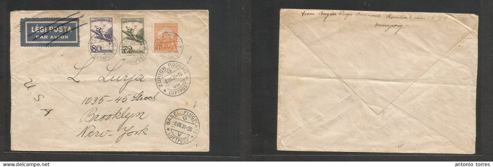 Hungary. 1931 (7 Aug) Budapest - USA, NYC, Brooklyn Via Swiss Airmail. Multifkd Env. Fine Usage + Transited Alongside. Z - Autres & Non Classés