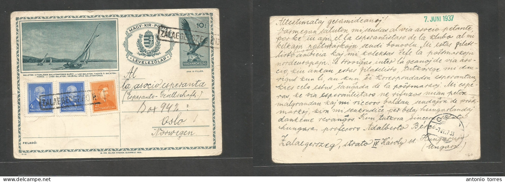 Hungary. 1937 (June) Zalalgerszeg - Norway, Oslo (7 June) 10f Green Sail Ship Illustrated Stationary Card + 3 Adtls At 2 - Other & Unclassified
