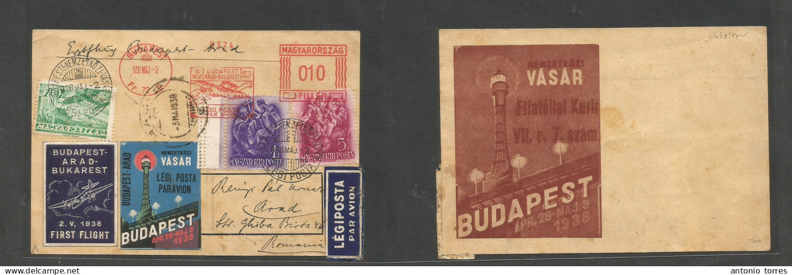 Hungary. 1938 (2 May) First Flight. Budapest Nemzetkozi - Romania, Arad (5 May) Express Air Postal Service Multifkd + Ma - Autres & Non Classés