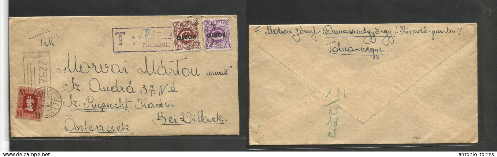 Hungary. 1946 (Dec 11) Nasyorgy - Austria, Villack. Early Inflation Period. Fkd Env + Taxed X2 Austrian P. Dues Ovptd, T - Andere & Zonder Classificatie