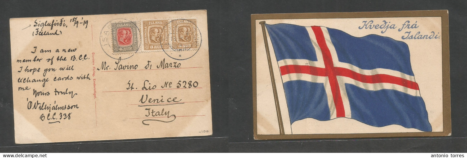 Iceland. 1919 (15 Sept) Siglufirdi - Italy, Venice. Multifkd Flag Card, Depart Cds At 10 Aux Rate. Nice Usage + Village - Autres & Non Classés